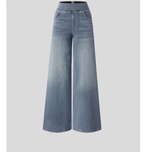 Stretchy Wide Leg High Waisted Pull On Jeans Light Wash Denim Pants